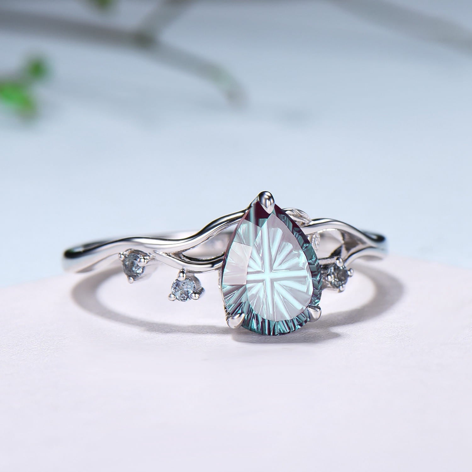 Leaf Vine Pear Shaped Starbrite Cut Alexandrite Engagement Ring Nature Inspired Twig White Gold Ring