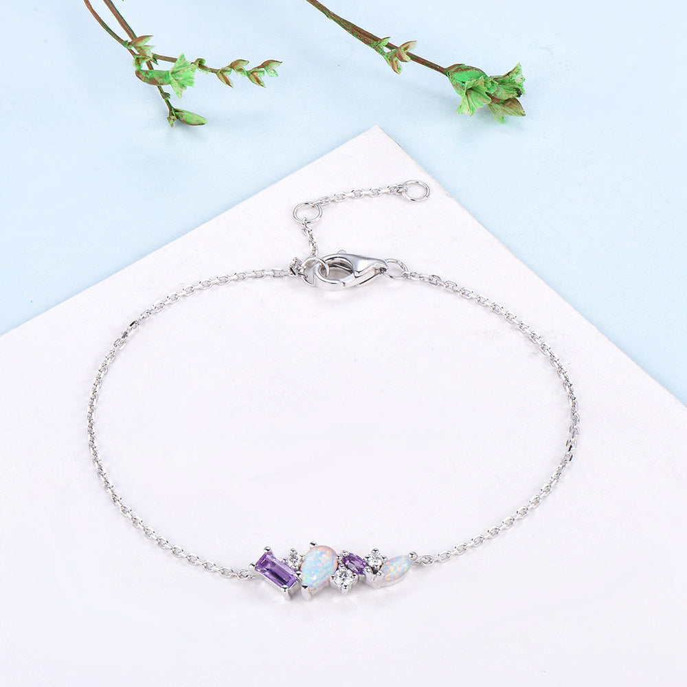 Dainty Pear Shaped White Opal Bracelet Multi-Stone Baguette Amethyst Moissanite Lobster Claw Bracelet Silver Gold Art Deco Anniversary Gift - PENFINE
