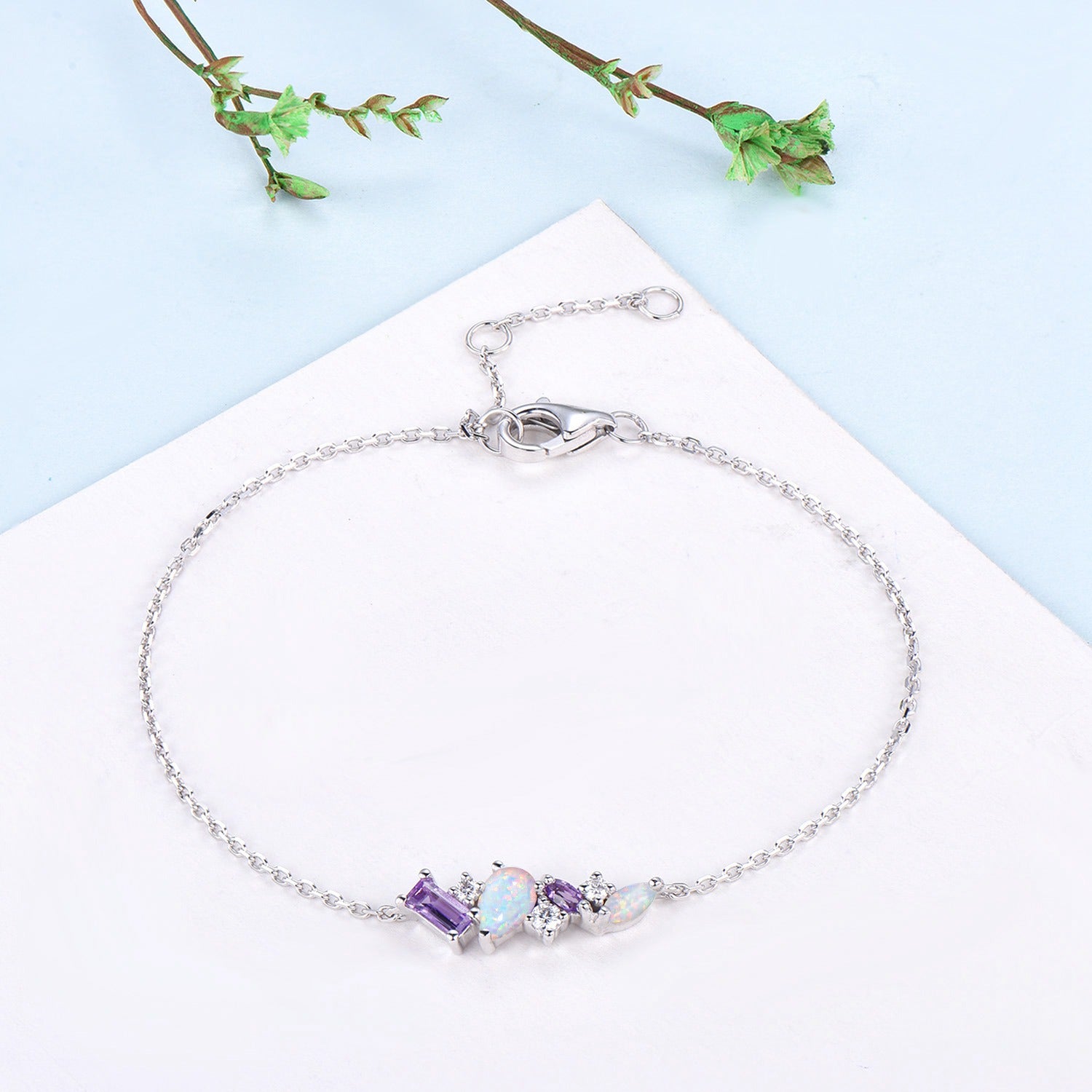 Dainty Pear Shaped White Opal Bracelet Multi-Stone Baguette Amethyst Moissanite Lobster Claw Bracelet Silver Gold Art Deco Anniversary Gift - PENFINE