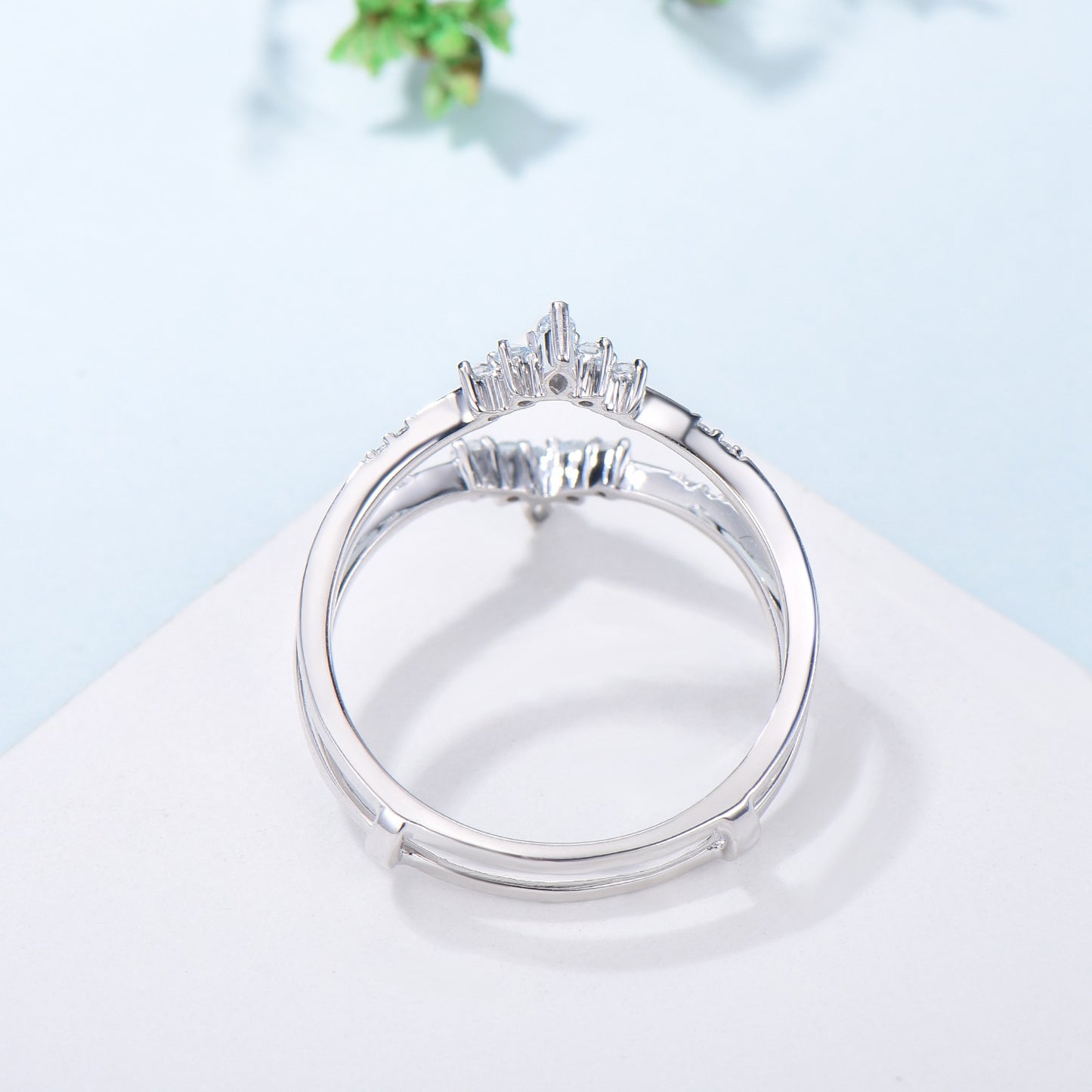 Aquamarine Curved Wedding Band Enhancer, White Gold Nesting Ring Jacket - PENFINE