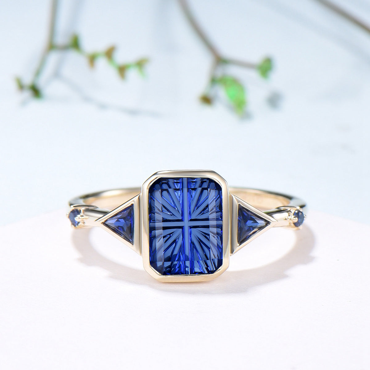 2CT Emerald Shaped Fantasy Cut Sapphire Bezel Set Engagement Ring 5 Stone Ring