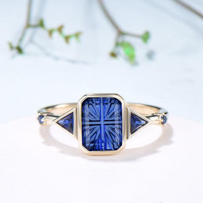 2CT Emerald Shaped Fantasy Cut Sapphire Bezel Set Engagement Ring 5 Stone Ring