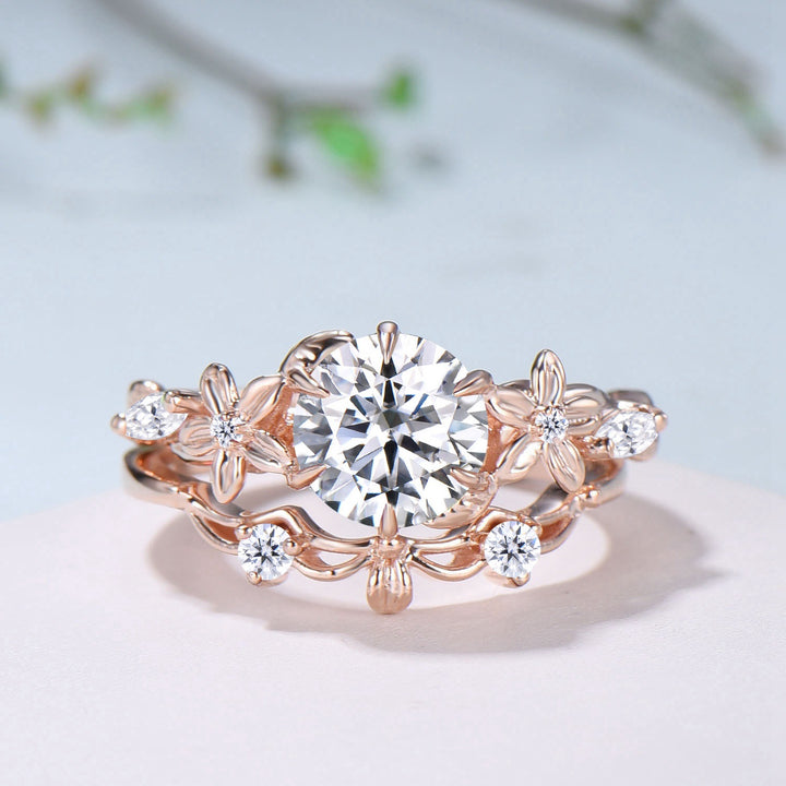 Unique 1 Carat Round Brilliant Lab Grown Diamond Ring Flower Moissanite Engagement Ring Rose Gold Bridal Nature Inspired Wedding Bridal Set - PENFINE