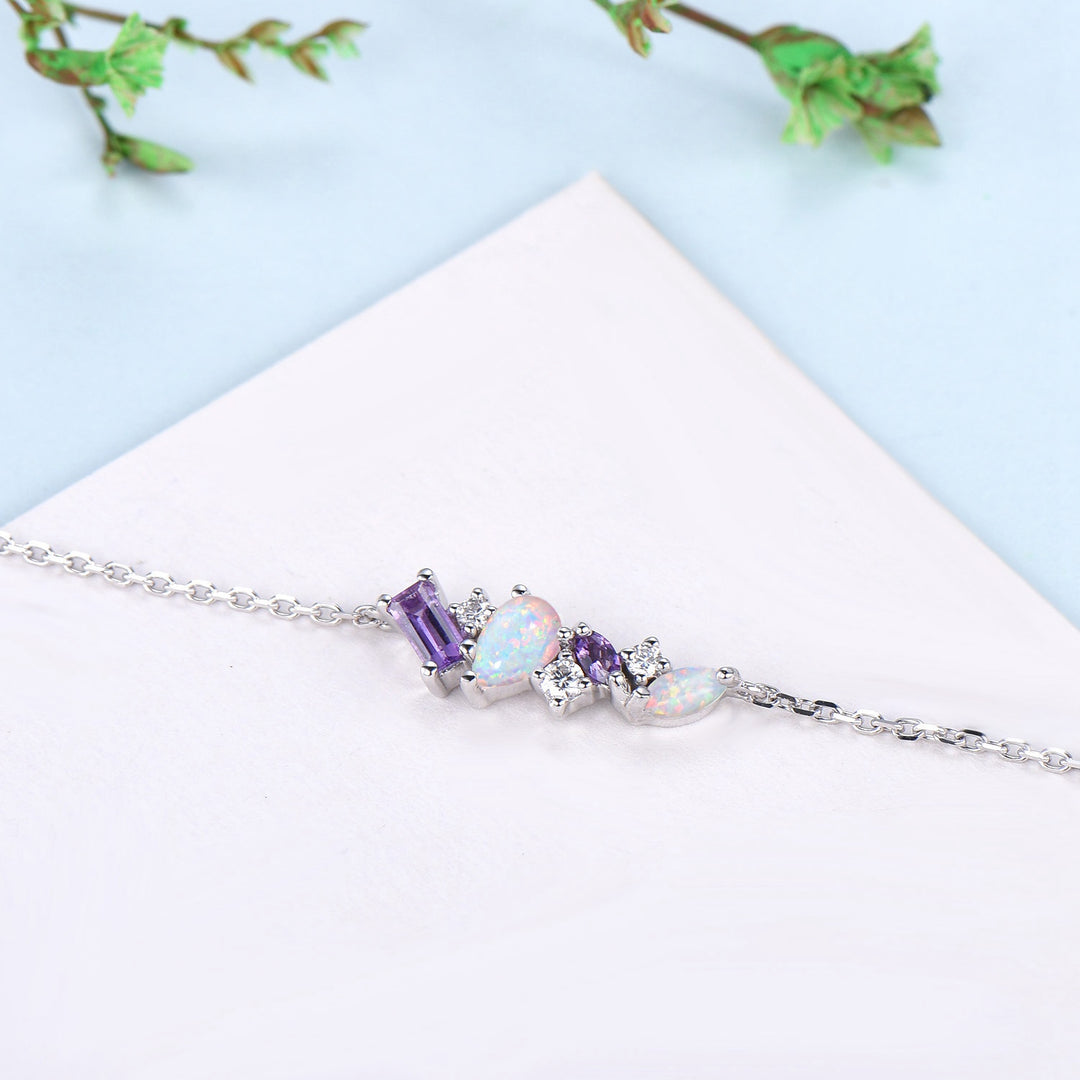 Dainty Pear Shaped White Opal Bracelet Multi-Stone Baguette Amethyst Moissanite Lobster Claw Bracelet Silver Gold Art Deco Anniversary Gift - PENFINE