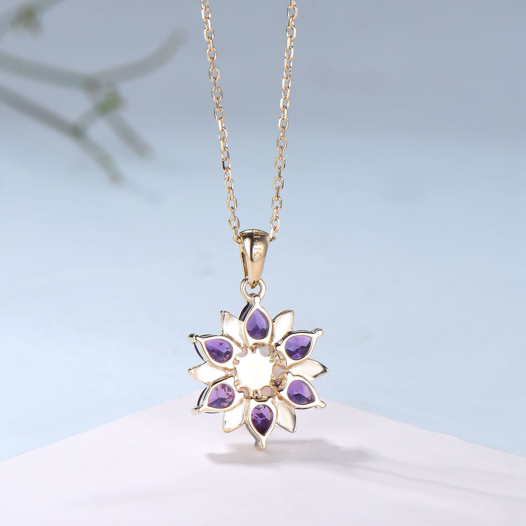 Unique Sunflower White Opal Amethyst Necklace Elegant Natural Inspired Double Halo Floral Pendant Leaf Vine Anniversary Promise Gift - PENFINE