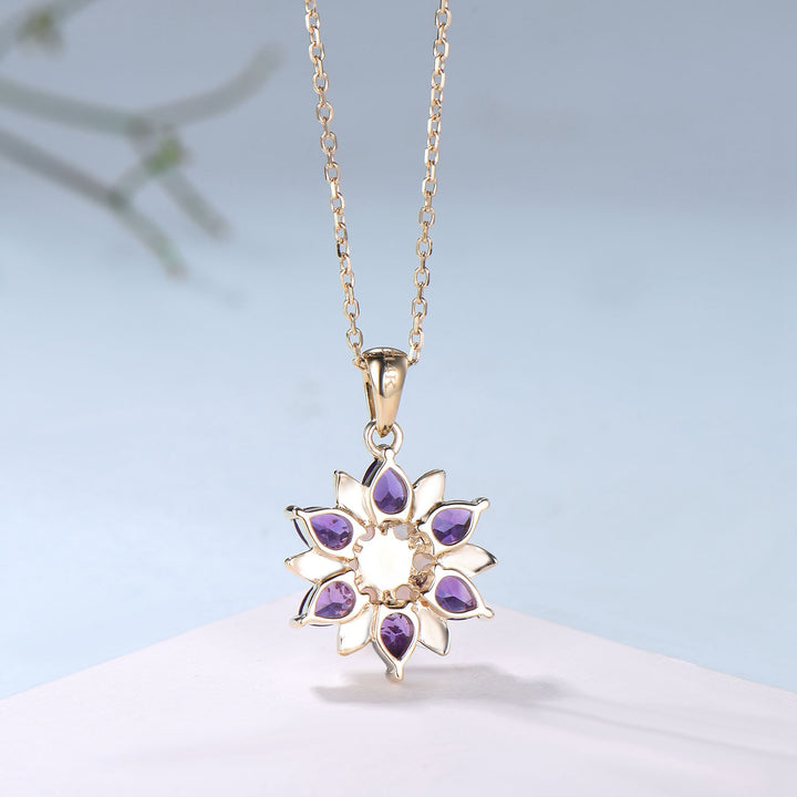 Unique Sunflower White Opal Amethyst Necklace Elegant Natural Inspired Double Halo Floral Pendant Leaf Vine Anniversary Promise Gift - PENFINE
