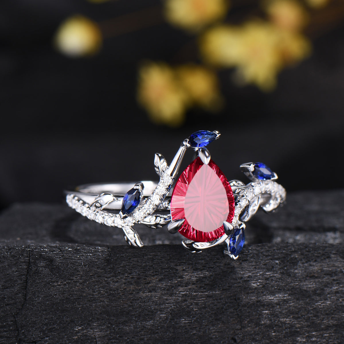 Teardrop Shaped Fantasy Cut Ruby Leaf Engagement Ring Sapphire Diamond Nature Inspired Ring