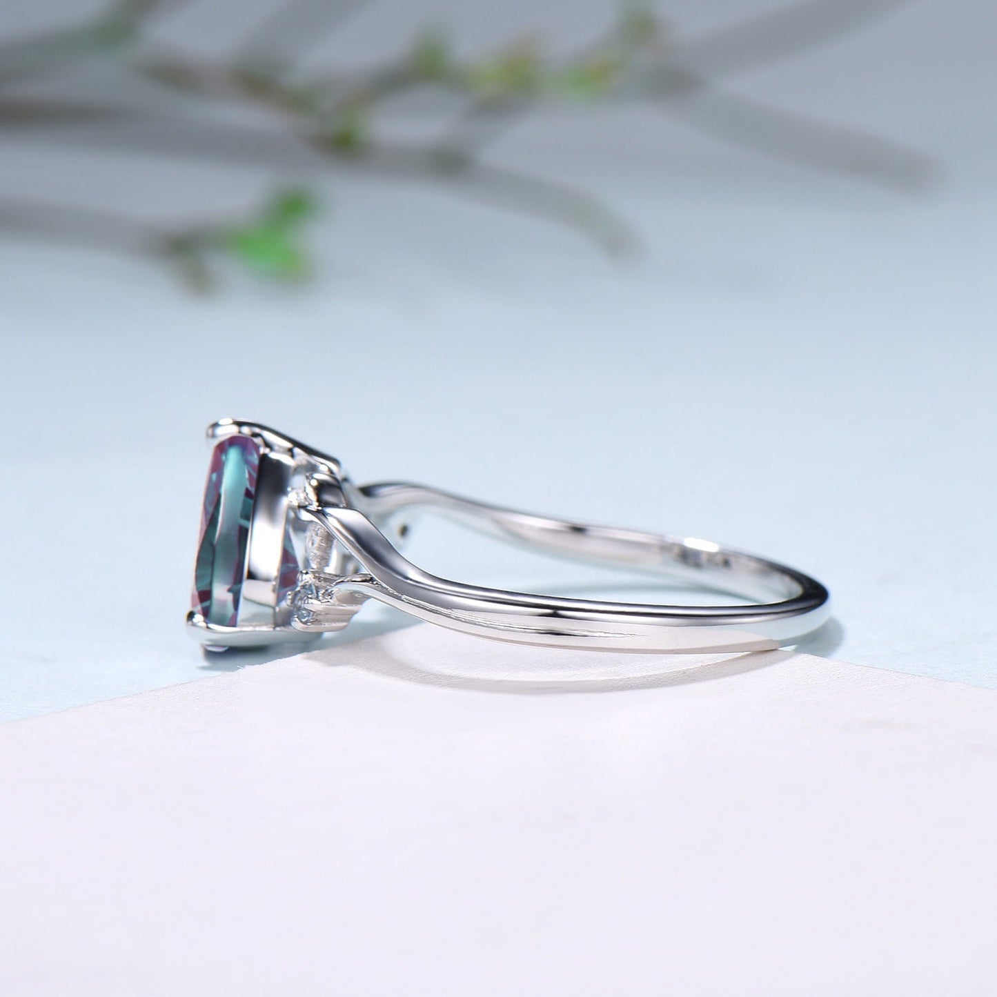 Leaf Vine Pear Shaped Starbrite Cut Alexandrite Engagement Ring Nature Inspired Twig White Gold Ring