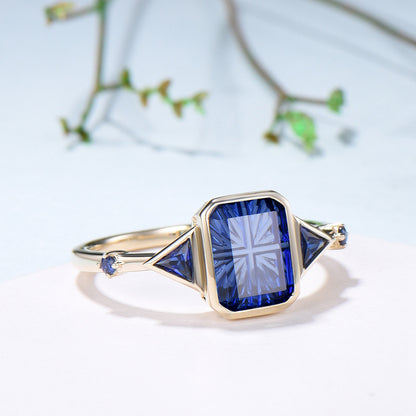2CT Emerald Shaped Fantasy Cut Sapphire Bezel Set Engagement Ring 5 Stone Ring