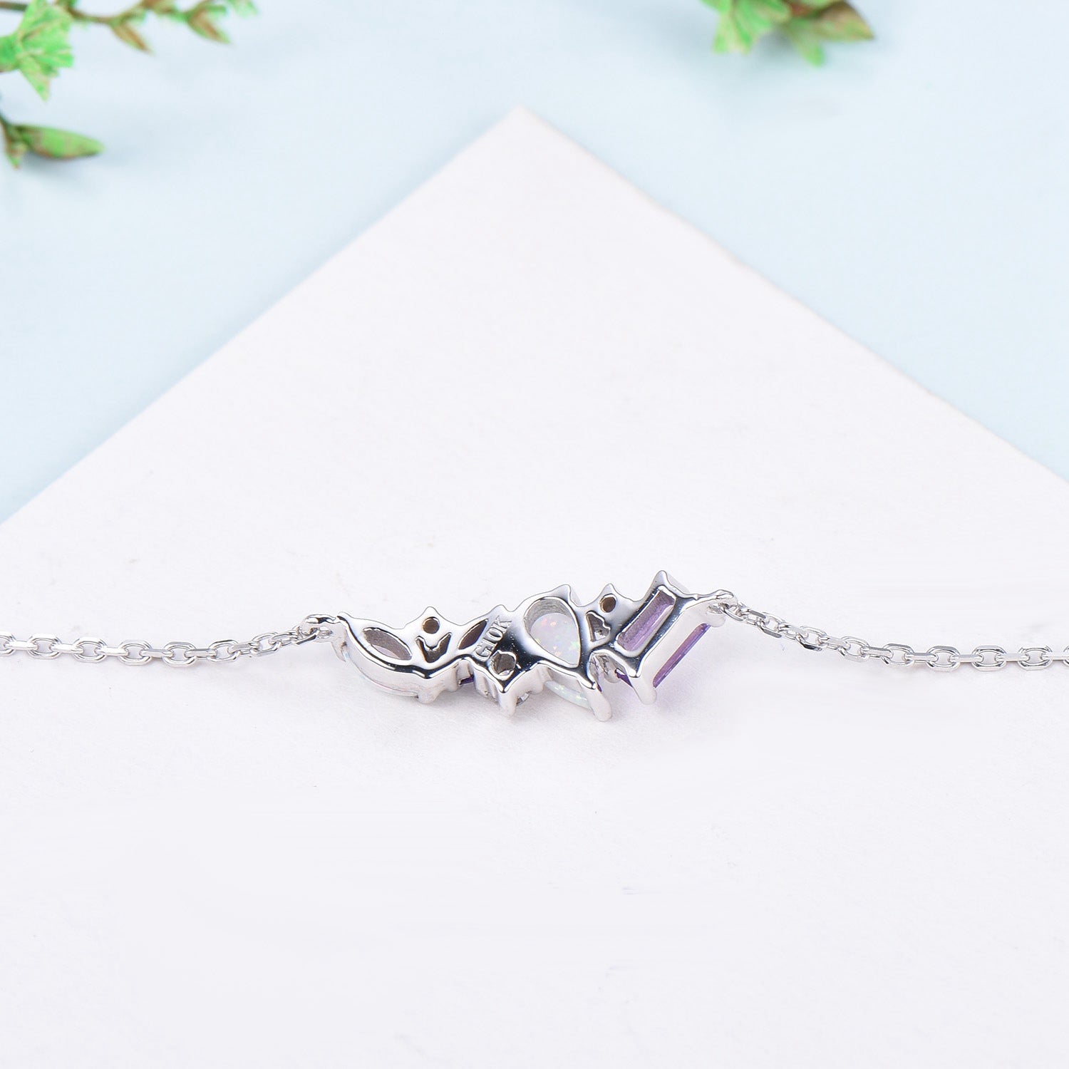 Dainty Pear Shaped White Opal Bracelet Multi-Stone Baguette Amethyst Moissanite Lobster Claw Bracelet Silver Gold Art Deco Anniversary Gift - PENFINE