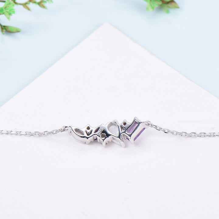 Dainty Pear Shaped White Opal Bracelet Multi-Stone Baguette Amethyst Moissanite Lobster Claw Bracelet Silver Gold Art Deco Anniversary Gift - PENFINE