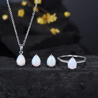 Dainty fire opal wedding set solitaire white opal engagement ring rose gold minimalist October birthstone pendant necklace opal earrings