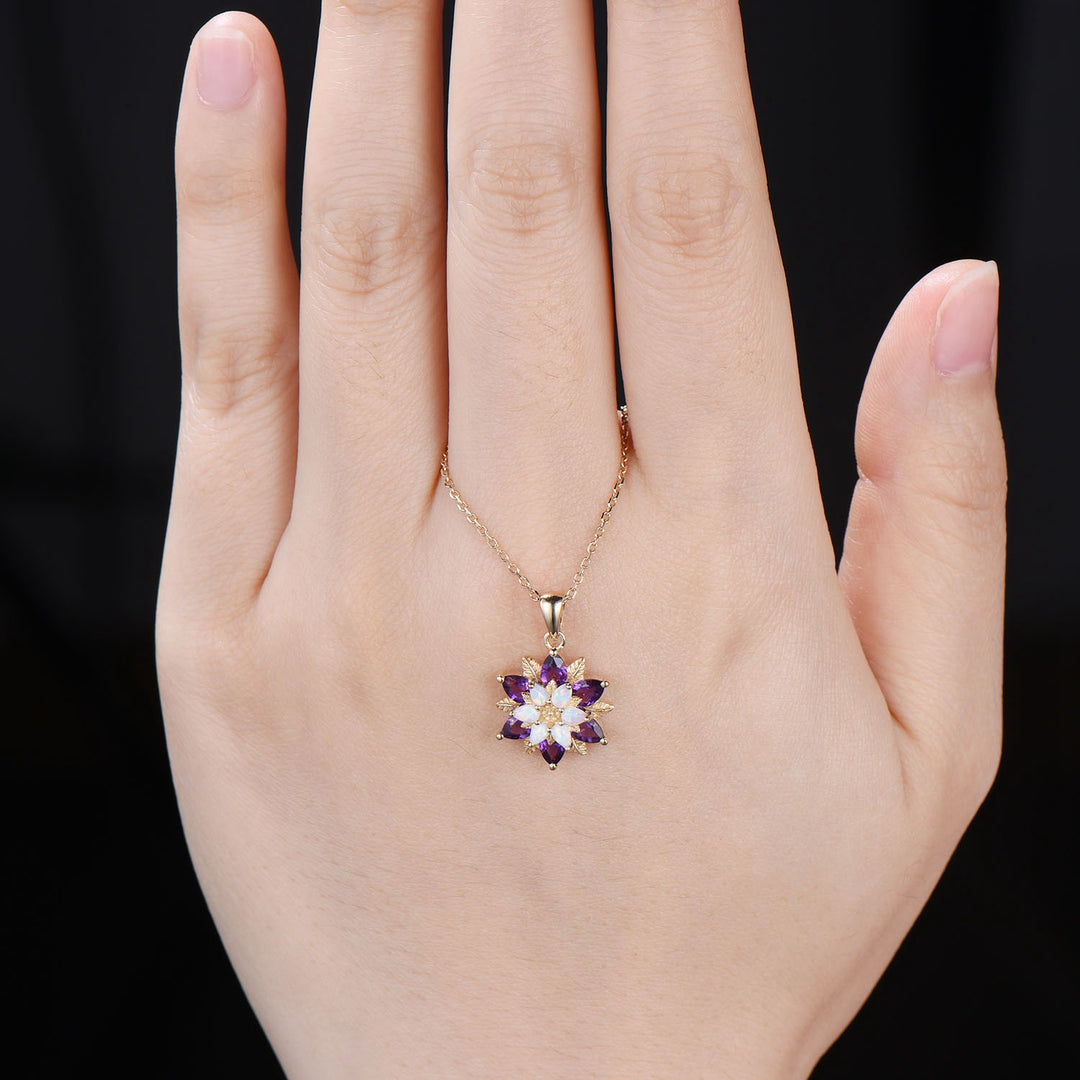 Unique Sunflower White Opal Amethyst Necklace Elegant Natural Inspired Double Halo Floral Pendant Leaf Vine Anniversary Promise Gift - PENFINE