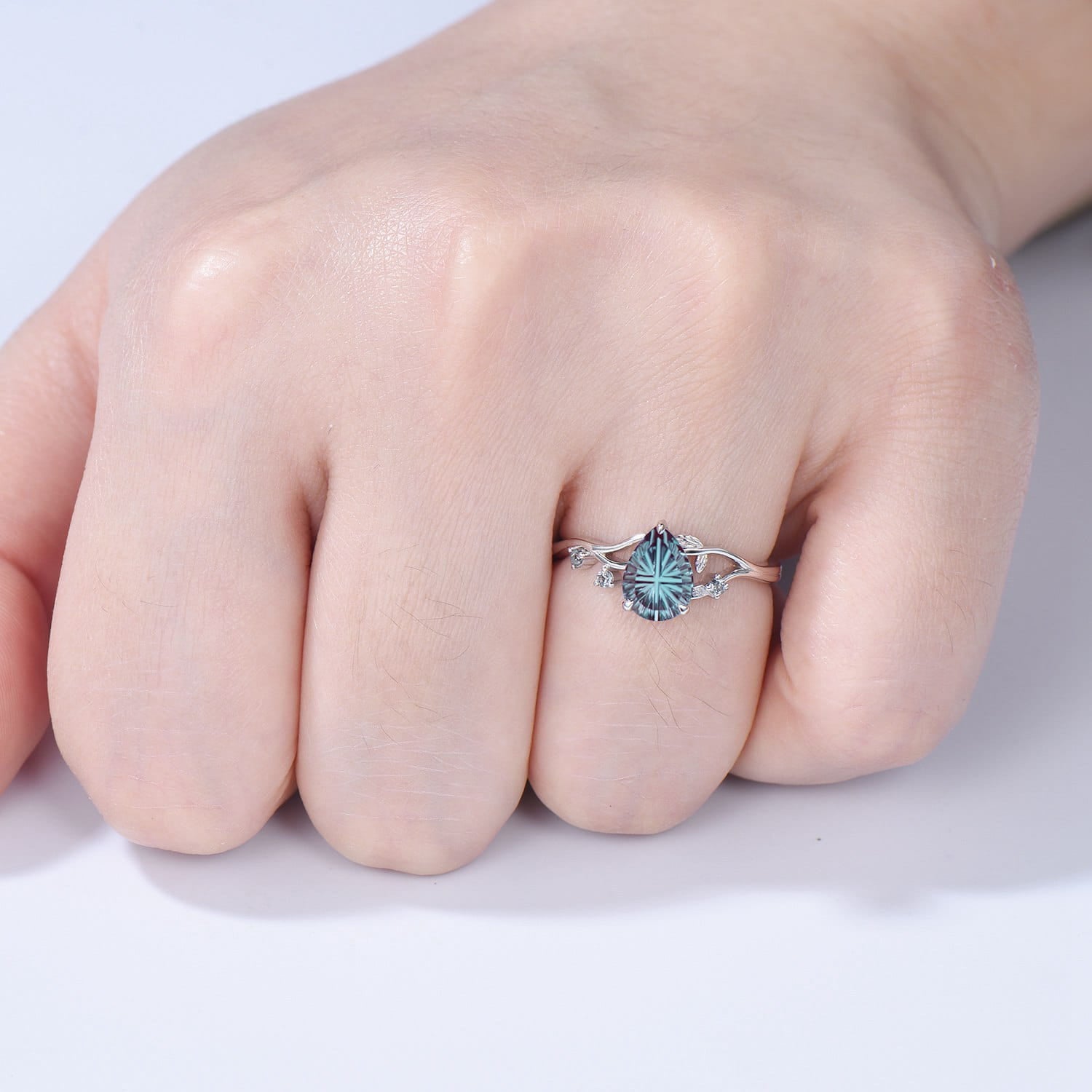 Leaf Vine Pear Shaped Starbrite Cut Alexandrite Engagement Ring Nature Inspired Twig White Gold Ring