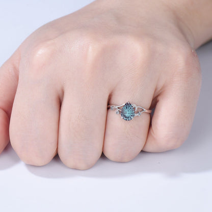 Leaf Vine Pear Shaped Starbrite Cut Alexandrite Engagement Ring Nature Inspired Twig White Gold Ring