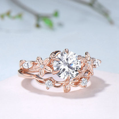 Unique 1 Carat Round Brilliant Lab Grown Diamond Ring Flower Moissanite Engagement Ring Rose Gold Bridal Nature Inspired Wedding Bridal Set - PENFINE