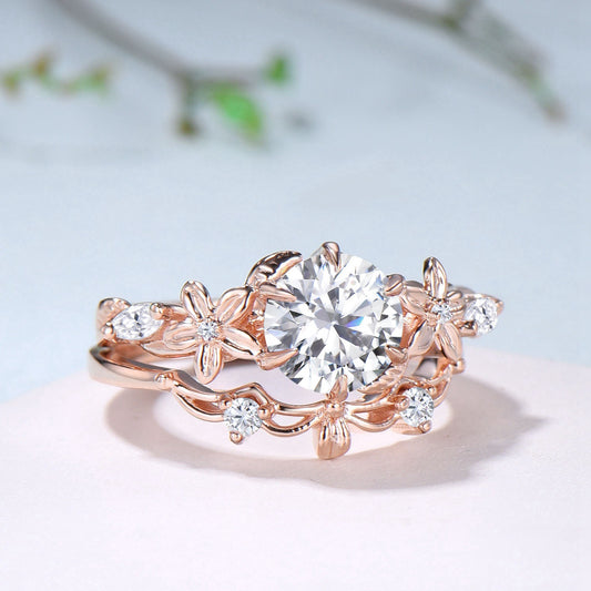 Unique 1 Carat Round Brilliant Lab Grown Diamond Ring Flower Moissanite Engagement Ring Rose Gold Bridal Nature Inspired Wedding Bridal Set - PENFINE