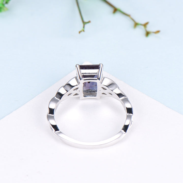 Unique Emerald Cut Alexandrite Ring Celtic Love Knot Alexandrite Engagement Ring Silver White gold Norse Viking Color Changing Wedding Gift - PENFINE