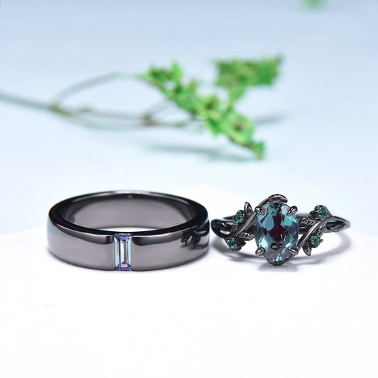 Couples ring set 14k black gold alexandrite wedding rings set twig ring men and women His Hers engagement ring nature inspired Promise gift - PENFINE