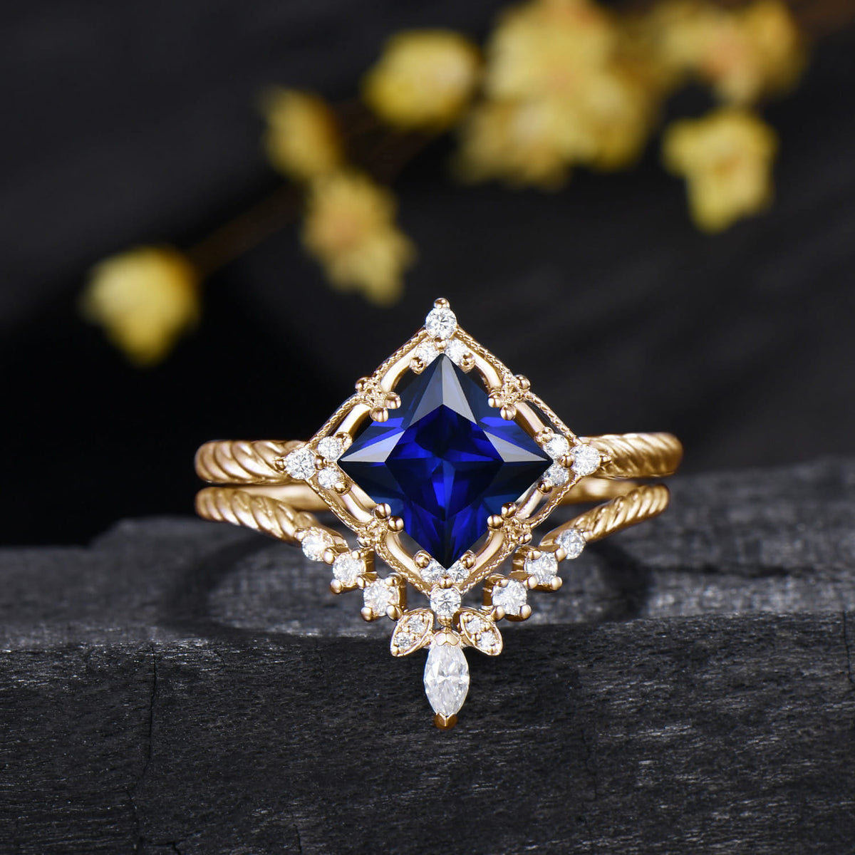 Princess Cut Sapphire Engagement Ring Diamond Matching Band Twisted Bridal Ring Set