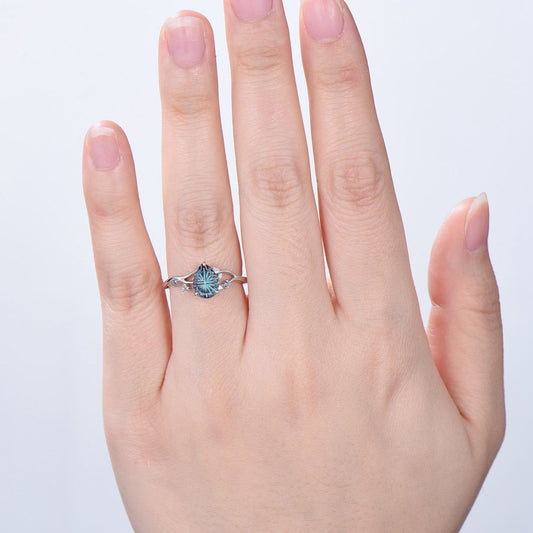 Leaf Vine Pear Shaped Starbrite Cut Alexandrite Engagement Ring Nature Inspired Twig White Gold Ring
