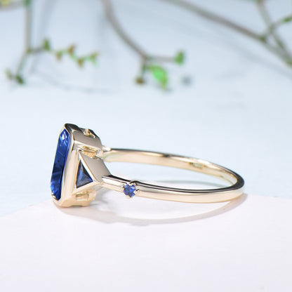 2CT Emerald Shaped Fantasy Cut Sapphire Bezel Set Engagement Ring 5 Stone Ring