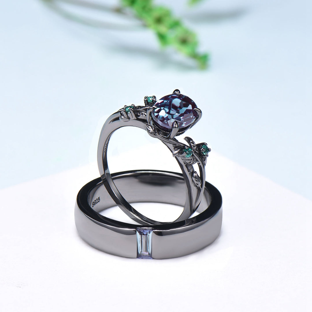 Couples ring set 14k black gold alexandrite wedding rings set twig ring men and women His Hers engagement ring nature inspired Promise gift - PENFINE