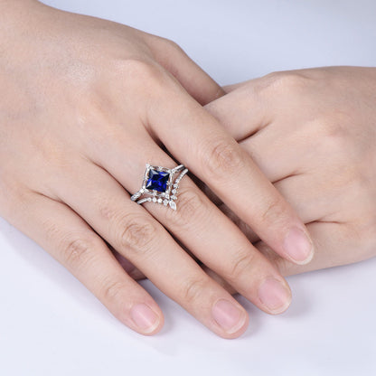 Princess Cut Sapphire Engagement Ring Diamond Matching Band Twisted Bridal Ring Set