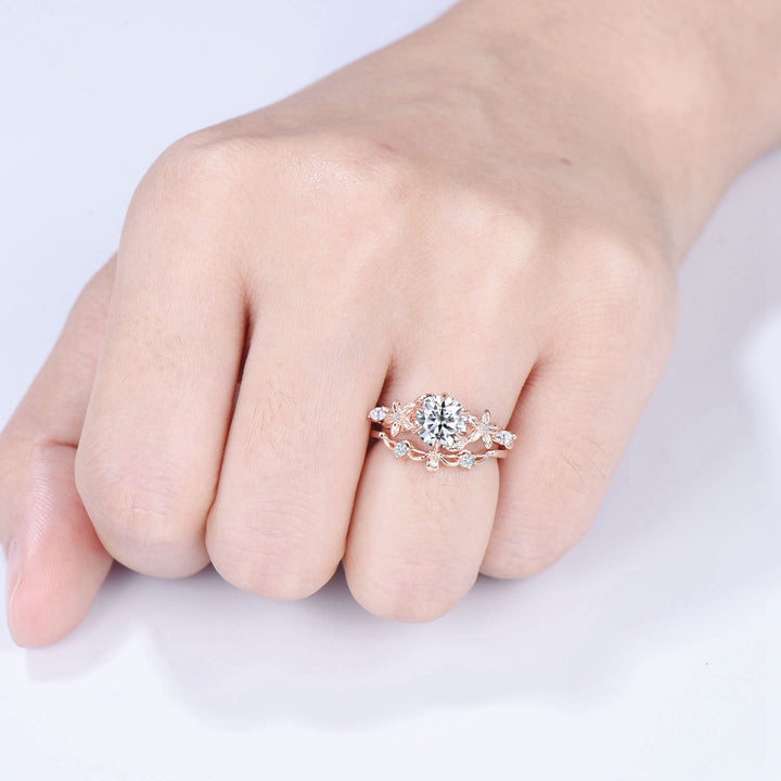 Unique 1 Carat Round Brilliant Lab Grown Diamond Ring Flower Moissanite Engagement Ring Rose Gold Bridal Nature Inspired Wedding Bridal Set - PENFINE