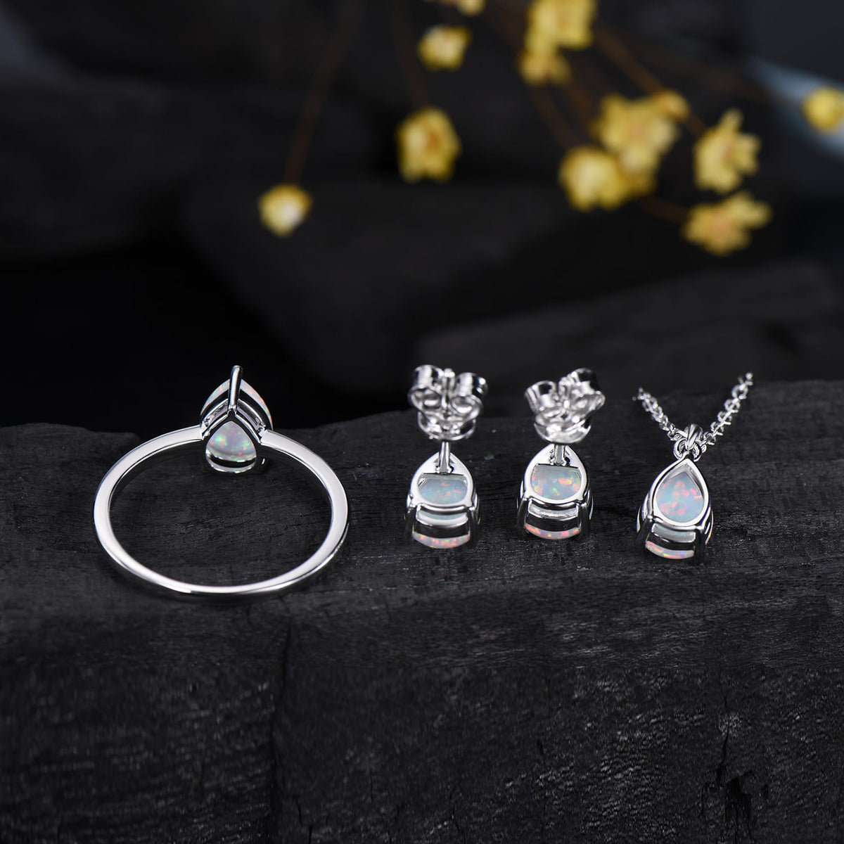 Dainty fire opal wedding set solitaire white opal engagement ring rose gold minimalist October birthstone pendant necklace opal earrings