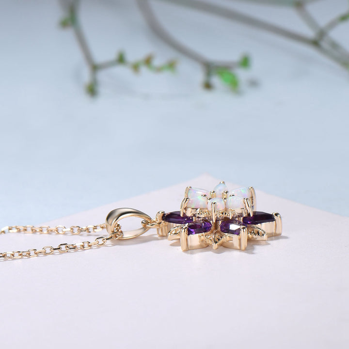 Unique Sunflower White Opal Amethyst Necklace Elegant Natural Inspired Double Halo Floral Pendant Leaf Vine Anniversary Promise Gift - PENFINE