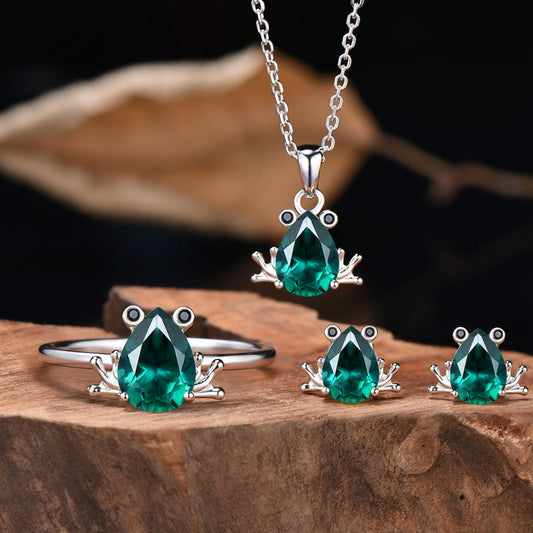 Pear Shaped Emerald Frog Jewelry Set Animal Inspired May Birthstone Ring Necklace Stud Earrings (Copy) (Copy)