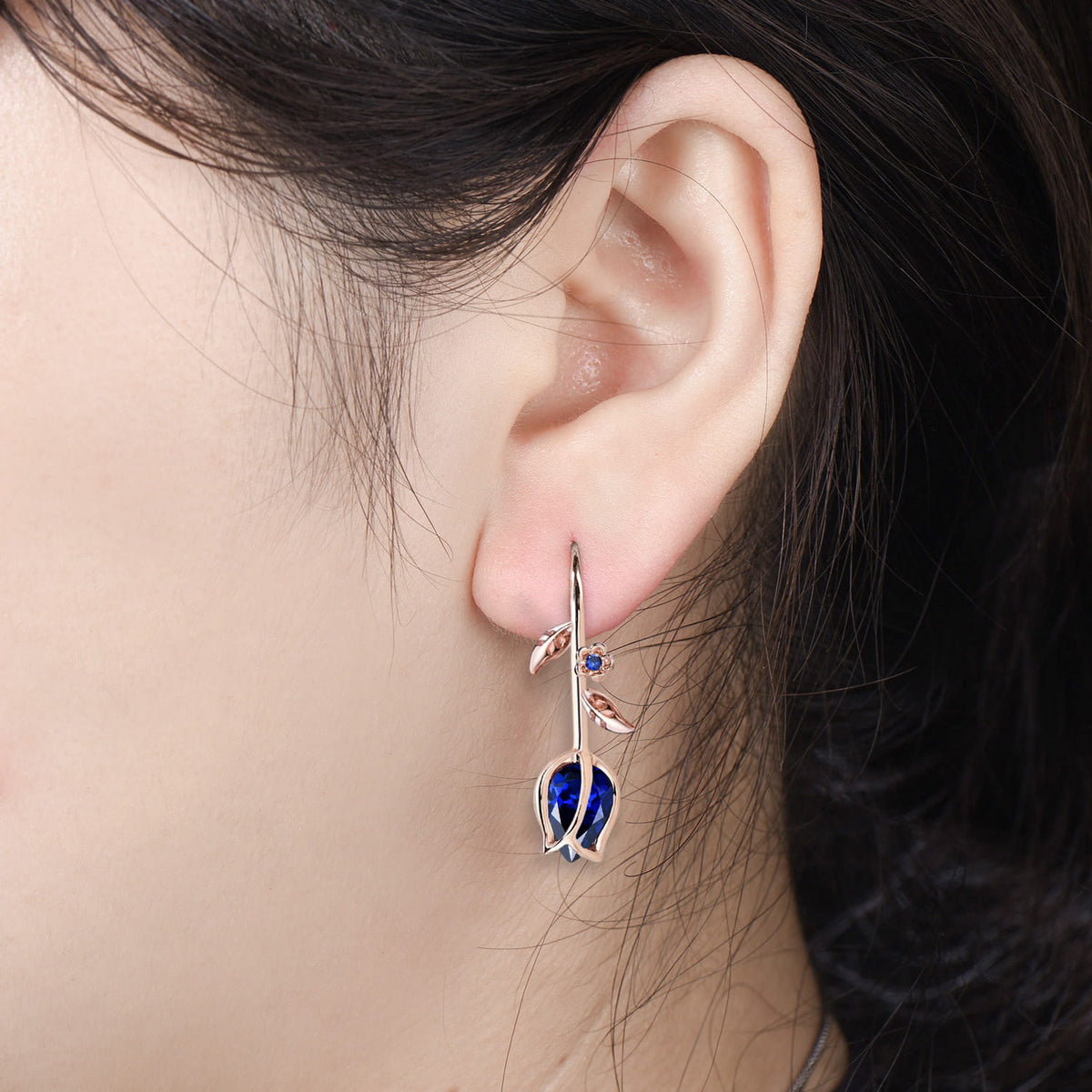 Leaf Vine Blue Sapphire Tulip Earrings, Elegant Flower Drop Earrings