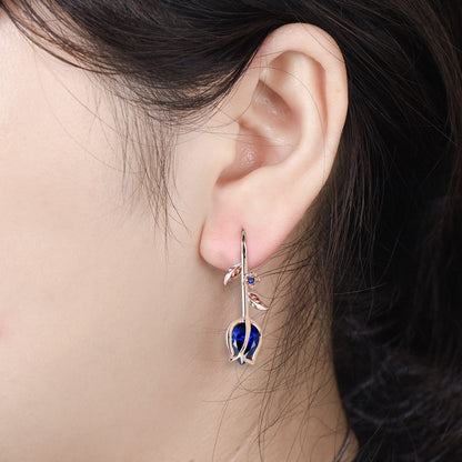Leaf Vine Blue Sapphire Tulip Earrings, Elegant Flower Drop Earrings