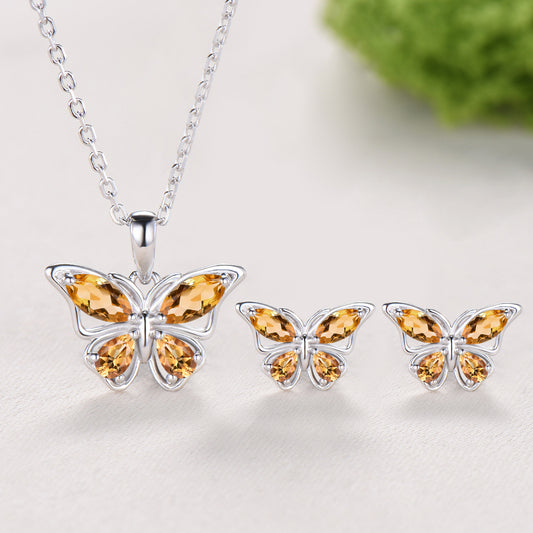 Elegant Natural Citrine Butterfly Jewelry Set,Marquise Teardrop Citrine Pendant,Fairy Wings Stud Earrings