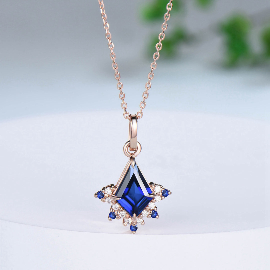 Vintage Kite Cut Blue Sapphire Necklace Retro Floral Pendant Silver 14k/18k rose gold cluster moissanite promise engagement gift for women - PENFINE