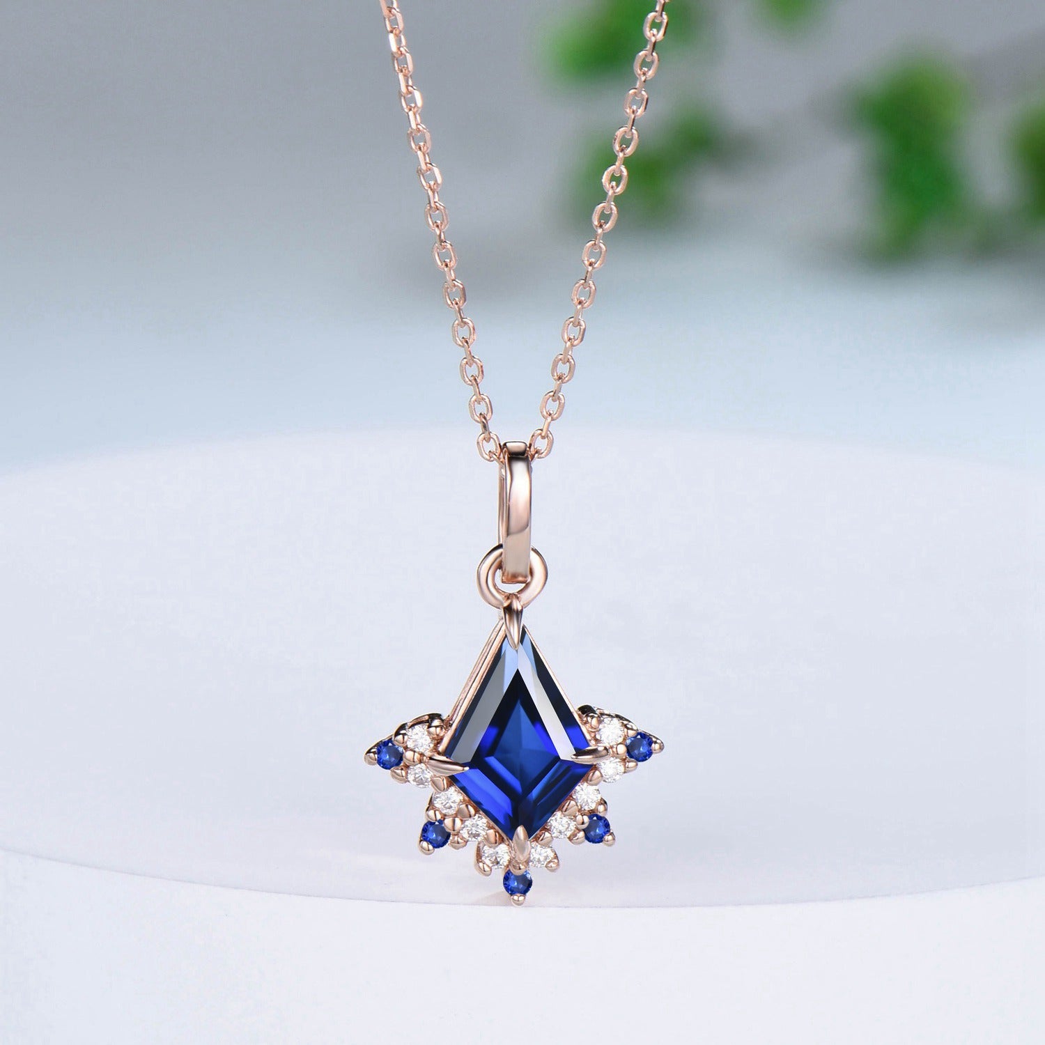 Vintage Kite Cut Blue Sapphire Necklace Retro Floral Pendant Silver 14k/18k rose gold cluster moissanite promise engagement gift for women - PENFINE