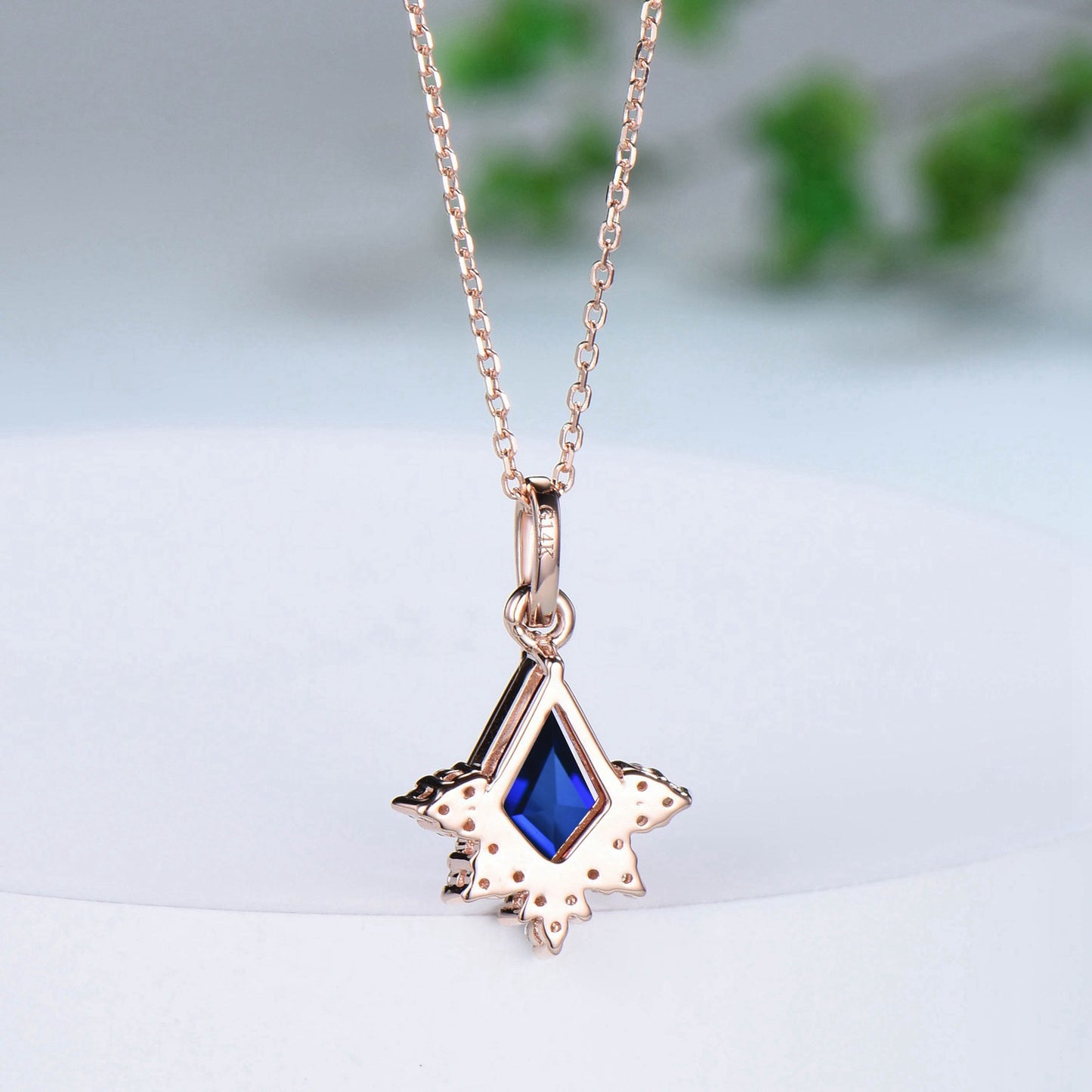 Vintage Kite Cut Blue Sapphire Necklace Retro Floral Pendant Silver 14k/18k rose gold cluster moissanite promise engagement gift for women - PENFINE