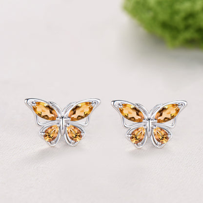 Elegant Natural Citrine Butterfly Jewelry Set,Marquise Teardrop Citrine Pendant,Fairy Wings Stud Earrings