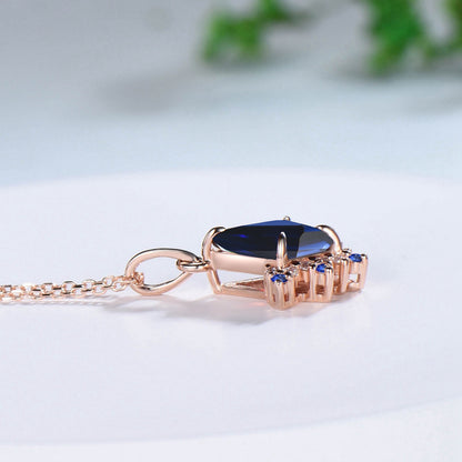 Vintage Kite Cut Blue Sapphire Necklace Retro Floral Pendant Silver 14k/18k rose gold cluster moissanite promise engagement gift for women - PENFINE