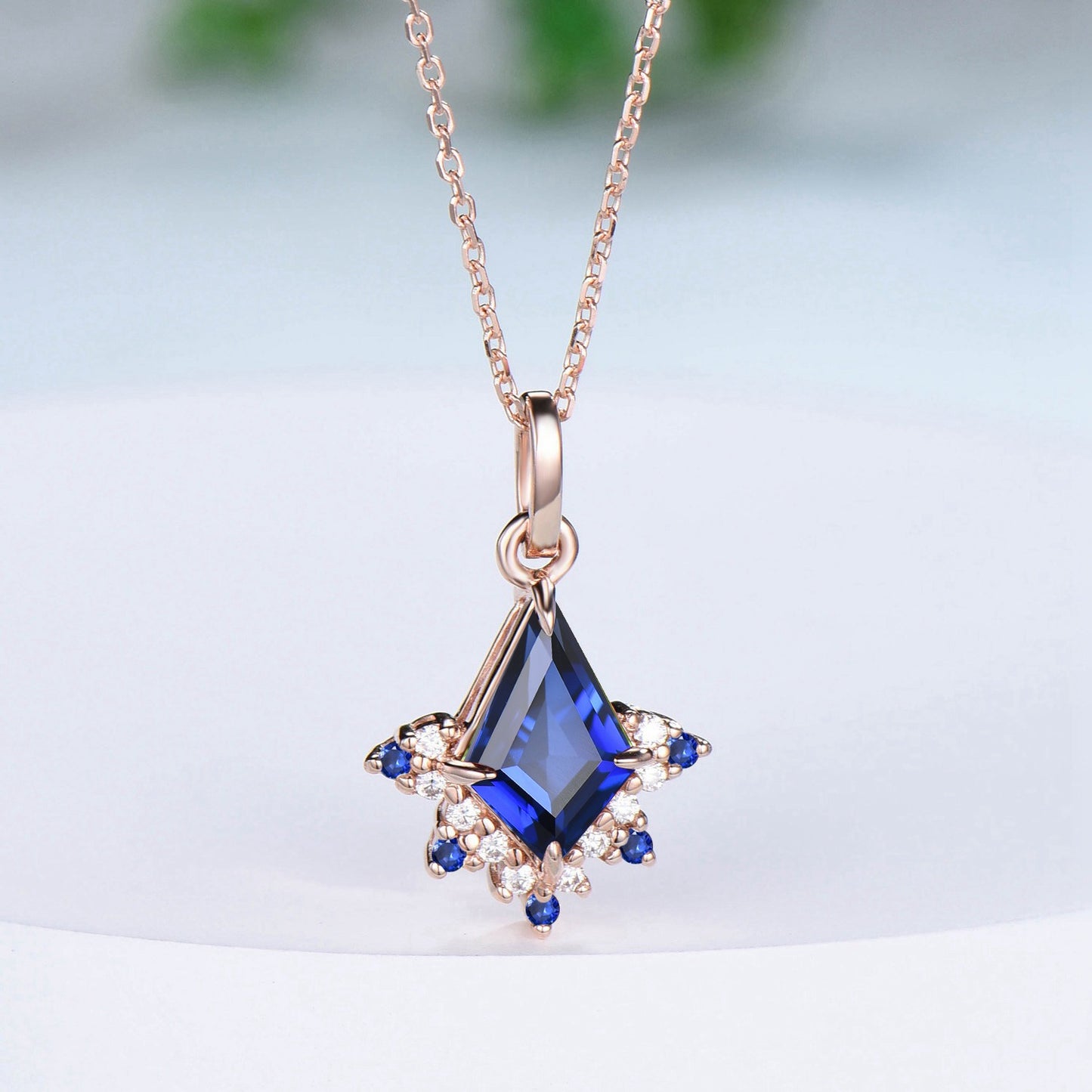 Vintage Kite Cut Blue Sapphire Necklace Retro Floral Pendant Silver 14k/18k rose gold cluster moissanite promise engagement gift for women - PENFINE