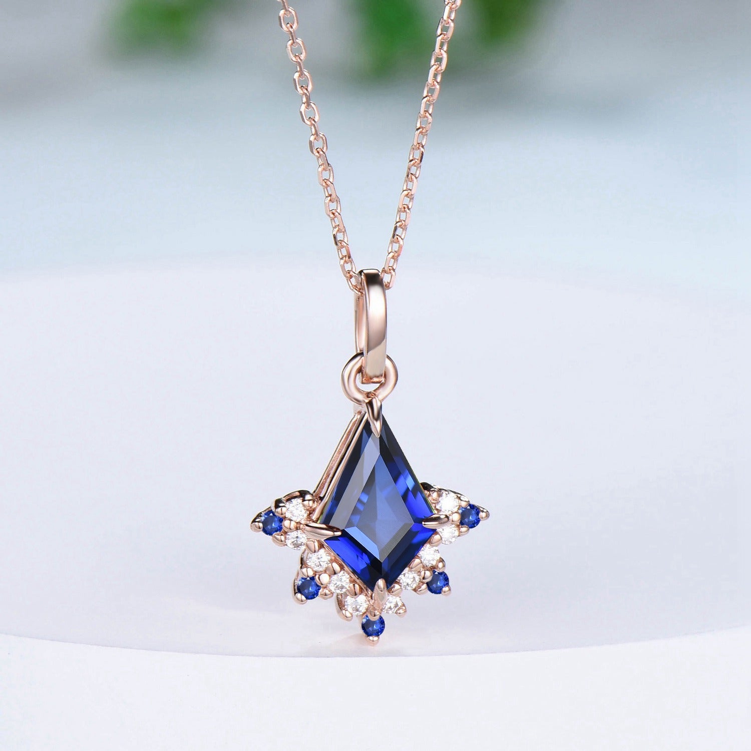 Vintage Kite Cut Blue Sapphire Necklace Retro Floral Pendant Silver 14k/18k rose gold cluster moissanite promise engagement gift for women - PENFINE