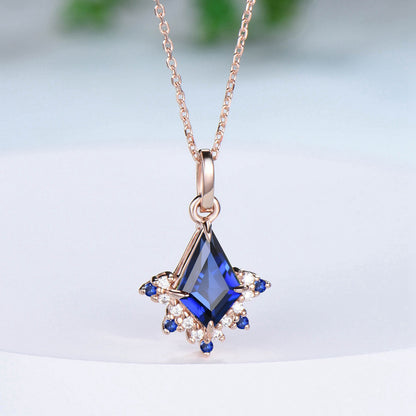 Vintage Kite Cut Blue Sapphire Necklace Retro Floral Pendant Silver 14k/18k rose gold cluster moissanite promise engagement gift for women - PENFINE