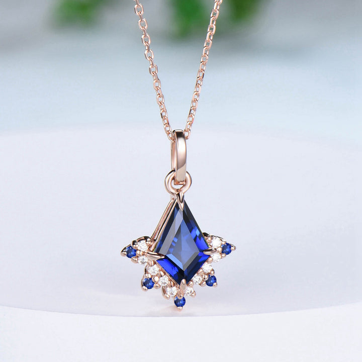 Vintage Kite Cut Blue Sapphire Necklace Retro Floral Pendant Silver 14k/18k rose gold cluster moissanite promise engagement gift for women - PENFINE