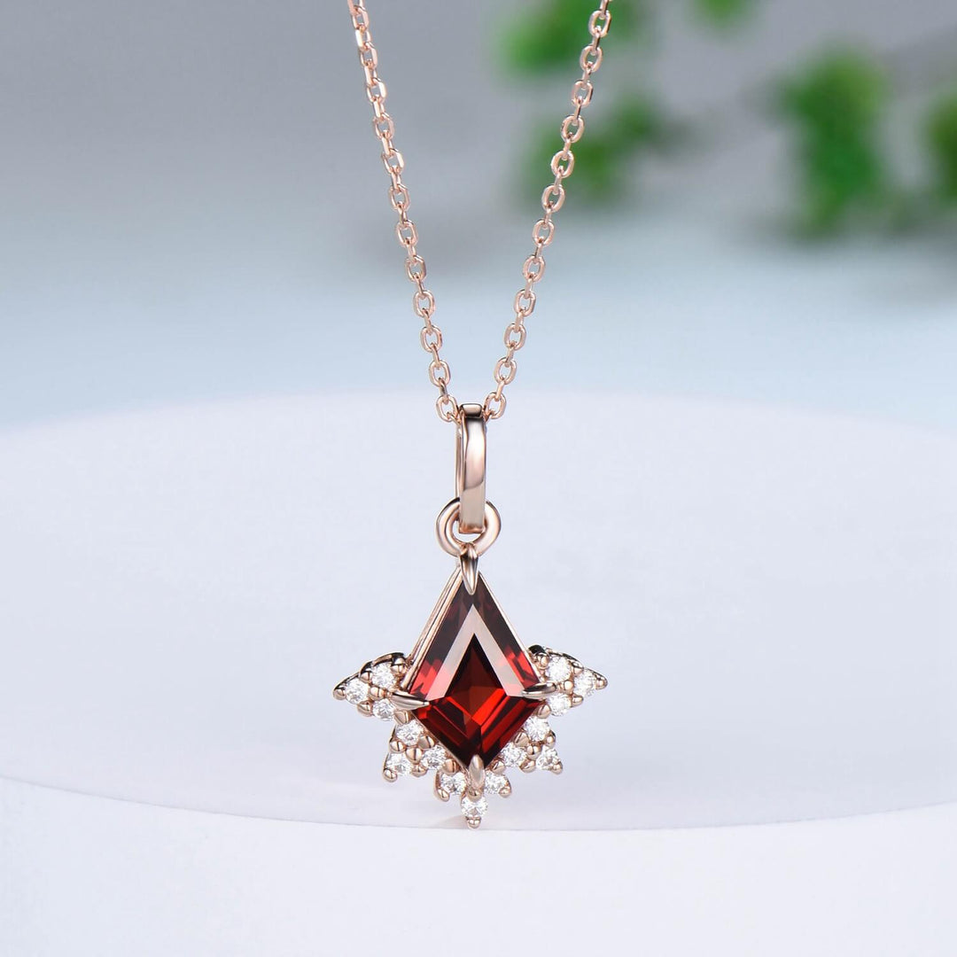 Art Deco Kite Cut Garnet Pendant Necklace Vintage Garnet Diamond Pendant 14k/18k rose gold moissanite promise engagement gift for women - PENFINE