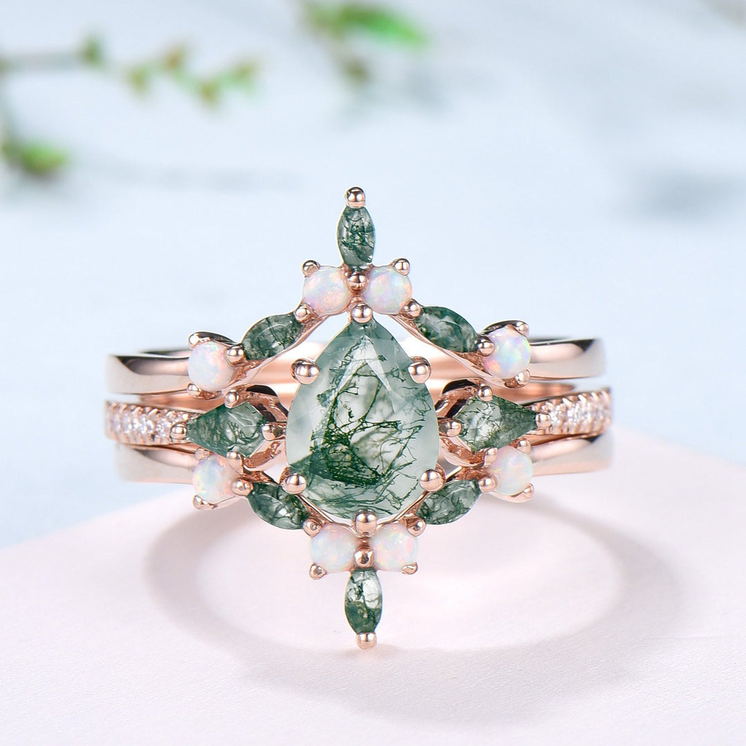 Vintage Pear Shaped Moss Agate Engagement Ring Set Kite Green Agate Opal Wedding Set Cute Opal Stacking Band Unique Bridal Set For Women - PENFINE