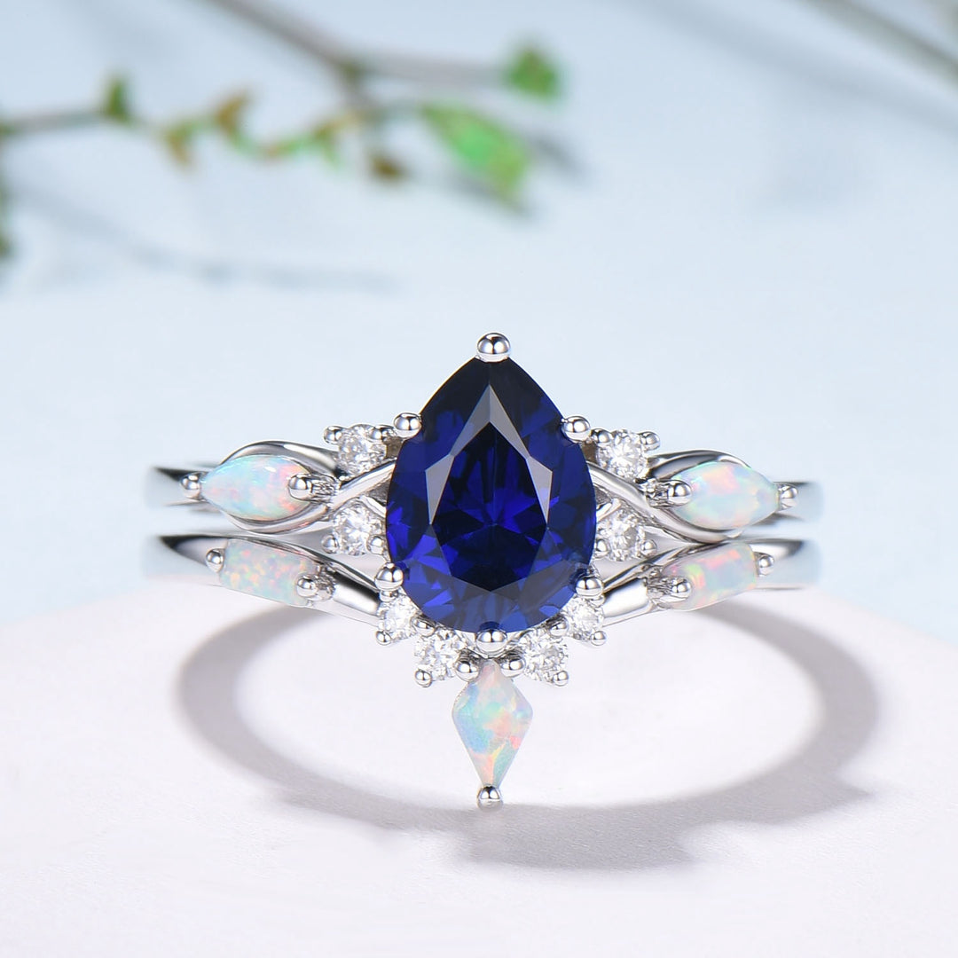 Vintage Sapphire Wedding Ring Set 14k Rose Gold Pear Shaped July Birthstone Engagement Ring Set Unique White Opal Bridal Ring Set for her - PENFINE