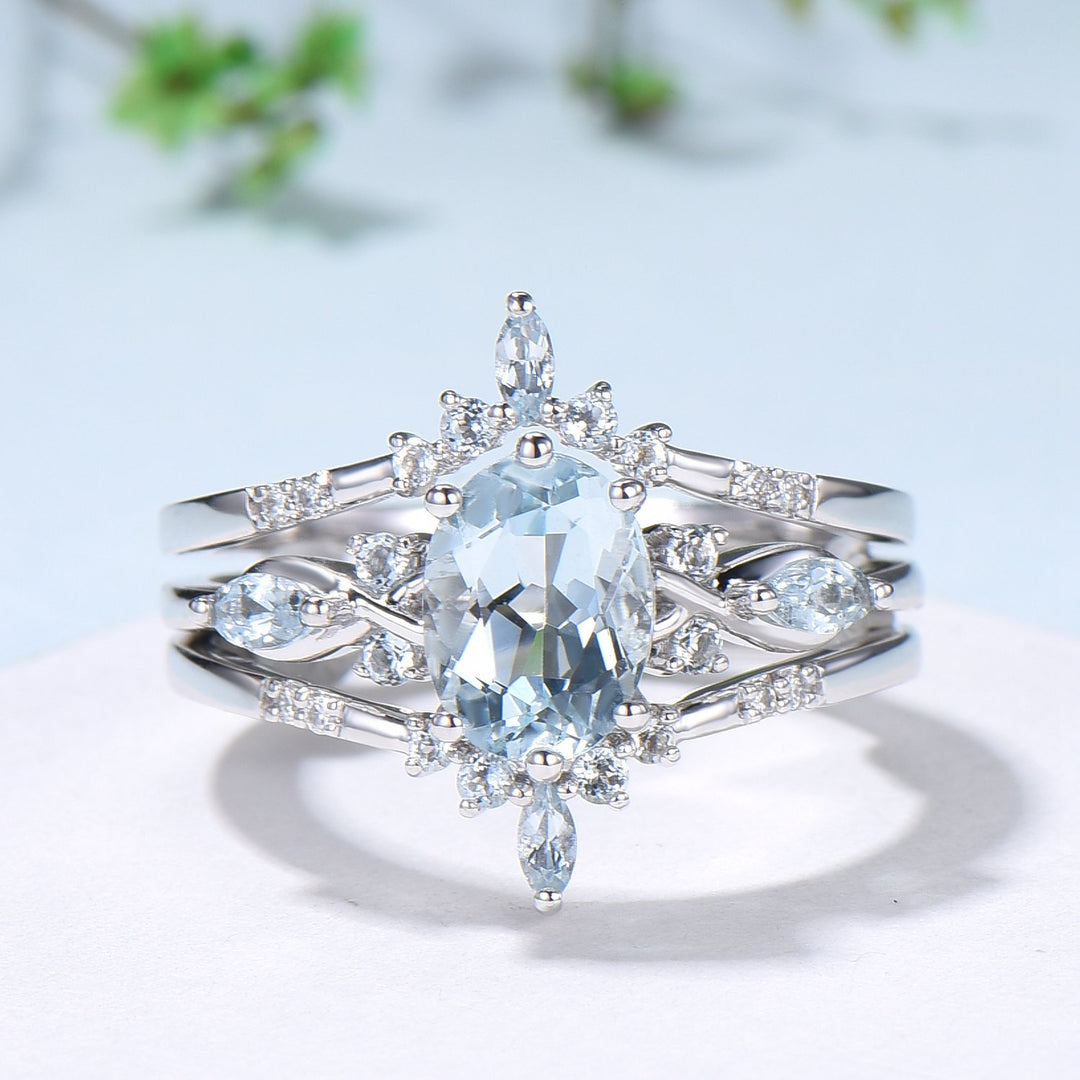 1.5CT Oval Natural Aquamarine Engagement Ring Set Vintage March Birthstone Wedding Ring Set Double Curved Stacking Matching Band Bridal Set - PENFINE