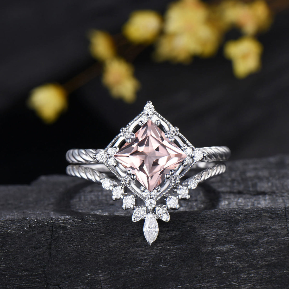 2CT Princess Cut Natural Morganite Twisted Engagement Ring Diamond Bridal Ring Set