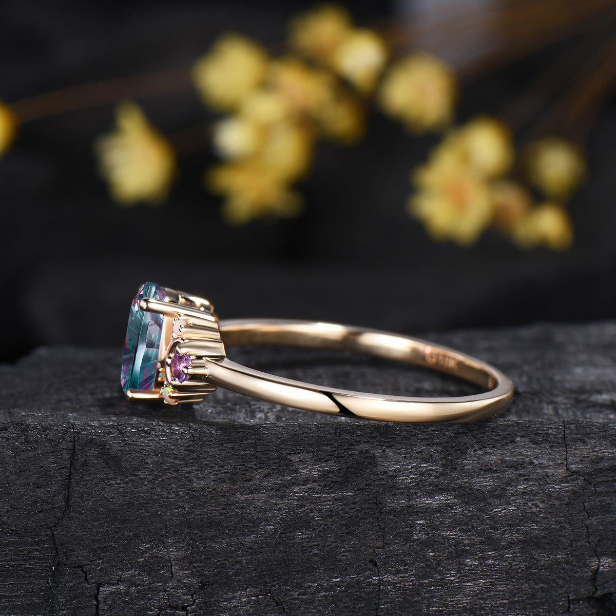 Unique Fantasy Cut Color-change Alexandrite 7 Stone Engagement Ring,Amethyst Opal Accent Moon Ring